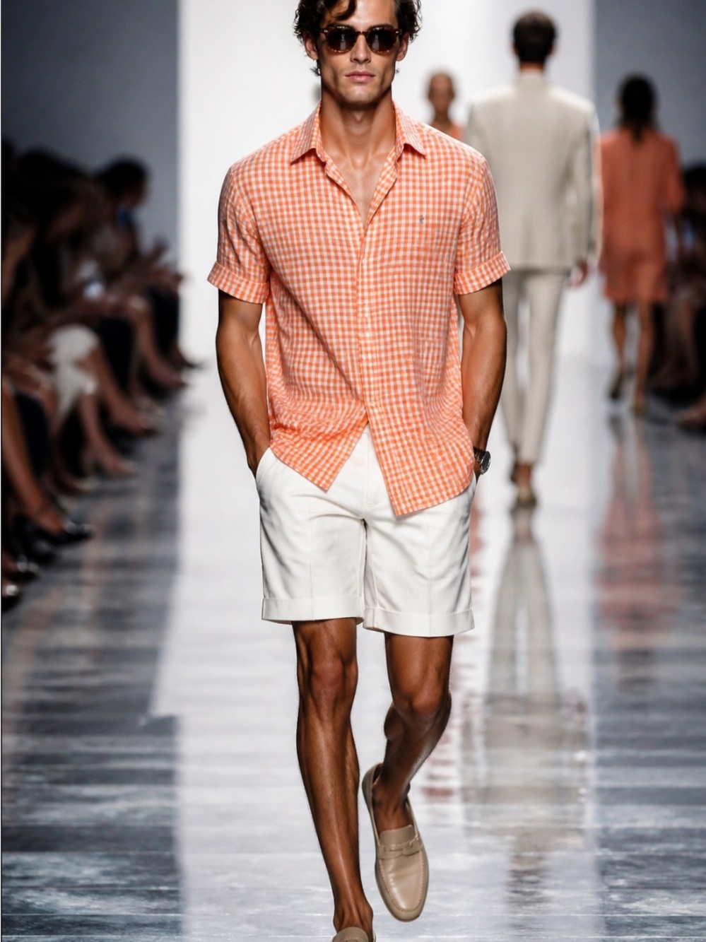 Izod Orange and White Gingham Short-Sleeve Button-Down Shirt